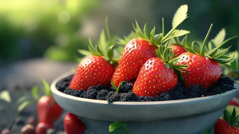 A photorealistic image of a vibrant strawberry plant in a pot, with ripe red strawberries resting on a clean layer of straw mulch, clearly elevated from the soil. Cinematic lighting, sharp focus on the plump, healthy fruits and straw, depth of field blurring the background, 8K hyper-detailed, shot on a high-end DSLR, conveying a sense of organized and protected growth.