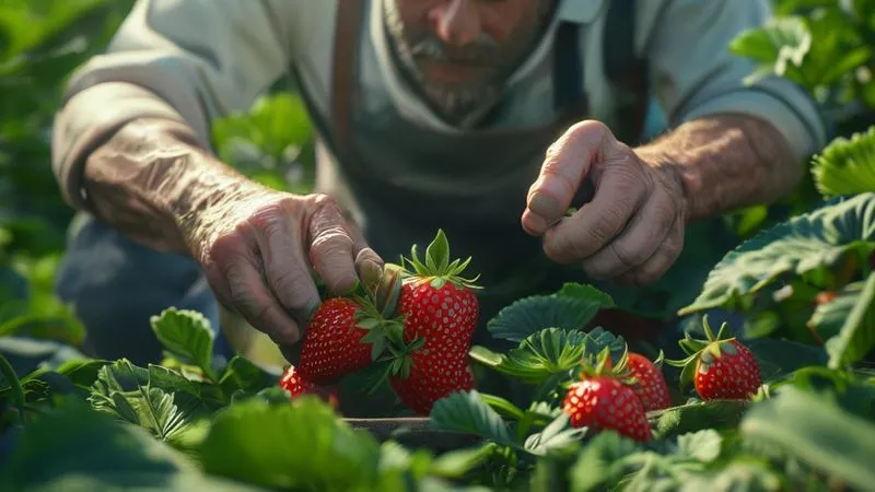 A photorealistic image of a gardener, with gentle, experienced hands, carefully inspecting a potted strawberry plant, looking closely at a developing fruit for any signs of rot. Cinematic lighting, sharp focus on the hands and the strawberry, depth of field blurring the background of a lush, well-maintained garden, 8K hyper-detailed, shot on a high-end DSLR, conveying diligence and care.