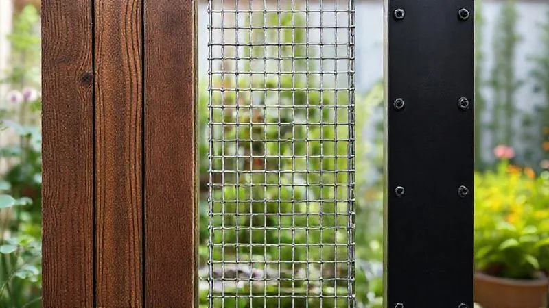 A photorealistic, highly detailed comparison image showing three different vertical garden support materials side-by-side: one section of beautifully treated, dark hardwood, one section of sleek, galvanized steel mesh, and one section of durable, UV-resistant black HDPE plastic. Each section should be clearly distinguishable, showcasing their textures and finishes under soft, natural light, with a sharp focus on the material quality and depth of field blurring a subtle garden background. Professional photography, 8K, cinematic lighting, shot on a high-end DSLR. A photorealistic, highly detailed comparison image showing three different vertical garden support materials side-by-side: one section of beautifully treated, dark hardwood, one section of sleek, galvanized steel mesh, and one section of durable, UV-resistant black HDPE plastic. Each section should be clearly distinguishable, showcasing their textures and finishes under soft, natural light, with a sharp focus on the material quality and depth of field blurring a subtle garden background. Professional photography, 8K, cinematic lighting, shot on a high-end DSLR.