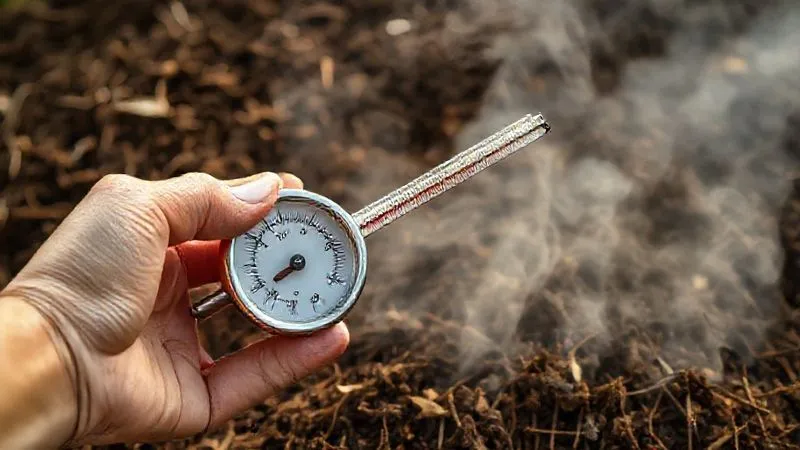 A photorealistic close-up of a hand holding a long-stemmed compost thermometer inserted into a steaming, active compost pile. The thermometer dial is clearly visible, showing a high temperature reading. The compost pile is rich and earthy, with visible steam, cinematic lighting, sharp focus on the thermometer and compost texture, 8K hyper-detailed, professional photography, shot on a high-end DSLR. A photorealistic close-up of a hand holding a long-stemmed compost thermometer inserted into a steaming, active compost pile. The thermometer dial is clearly visible, showing a high temperature reading. The compost pile is rich and earthy, with visible steam, cinematic lighting, sharp focus on the thermometer and compost texture, 8K hyper-detailed, professional photography, shot on a high-end DSLR.