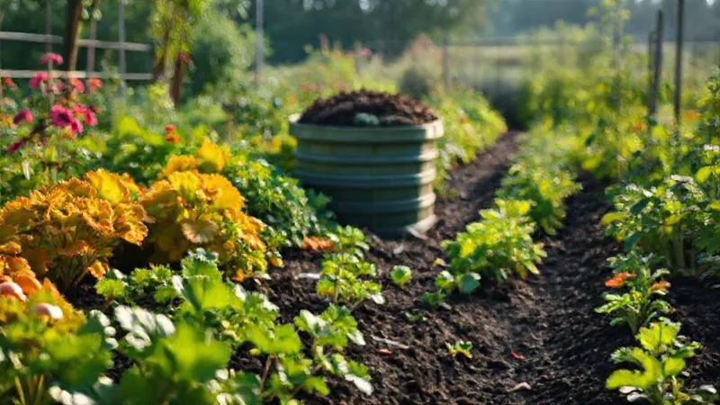 A photorealistic, wide-angle shot of a lush, thriving vegetable garden with healthy plants, vibrant colors, and rich, dark soil. In the foreground, a small, well-maintained compost bin is subtly visible, symbolizing the source of this abundance. Cinematic lighting, sharp focus on the garden's vitality, depth of field blurring the distant horizon, 8K hyper-detailed, professional photography, shot on a high-end DSLR. The image evokes a sense of harmony between nature and sustainable practice. A photorealistic, wide-angle shot of a lush, thriving vegetable garden with healthy plants, vibrant colors, and rich, dark soil. In the foreground, a small, well-maintained compost bin is subtly visible, symbolizing the source of this abundance. Cinematic lighting, sharp focus on the garden's vitality, depth of field blurring the distant horizon, 8K hyper-detailed, professional photography, shot on a high-end DSLR. The image evokes a sense of harmony between nature and sustainable practice.