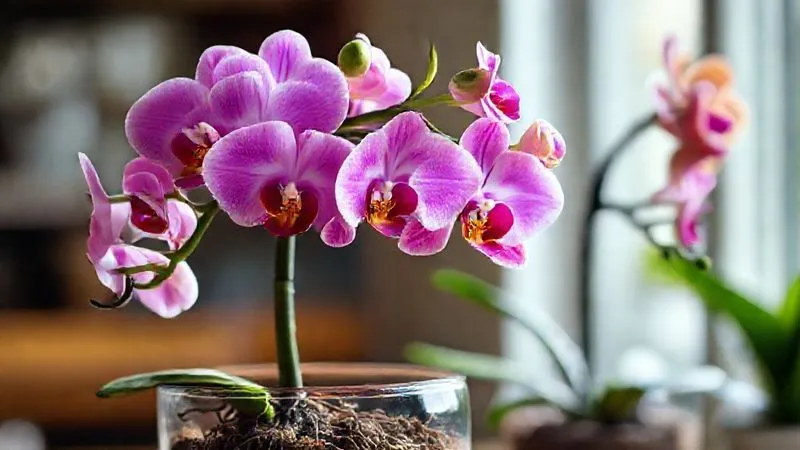 Photorealistic, professional photography, 8K, cinematic lighting, sharp focus, depth of field, shot on a high-end DSLR. A vibrant, healthy orchid with abundant blooms, roots visibly thriving through a clear pot, contrasting with a faded, struggling orchid in the background, symbolizing success from proper substrate. Photorealistic, professional photography, 8K, cinematic lighting, sharp focus, depth of field, shot on a high-end DSLR. A vibrant, healthy orchid with abundant blooms, roots visibly thriving through a clear pot, contrasting with a faded, struggling orchid in the background, symbolizing success from proper substrate.