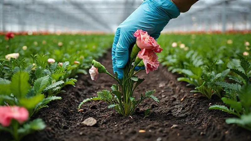 A photorealistic image of a gloved hand carefully removing a wilting carnation plant from a commercial greenhouse bed, with minimal soil disturbance. The surrounding plants are healthy. The focus is on the action of removal, conveying urgency and precision. Cinematic lighting, 8K, professional photography, depth of field, shot on a high-end DSLR.