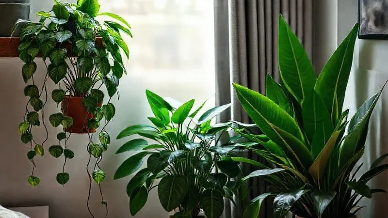 Photorealistic, professional photography, 8K, cinematic lighting, sharp focus, depth of field, shot on a high-end DSLR. A vibrant indoor plant arrangement featuring a Zamioculcas, a Pothos trailing from a shelf, and a Sansevieria, all thriving in a cozy, softly lit corner of a modern apartment. The plants are lush and healthy, showcasing diverse green foliage. The scene evokes tranquility and natural beauty.