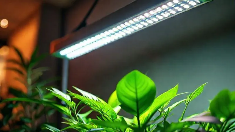 Photorealistic, professional photography, 8K, cinematic lighting, sharp focus, depth of field, shot on a high-end DSLR. A close-up shot of an indoor plant arrangement, with a discreet, sleek LED grow light strip positioned above, casting a soft, warm glow on the vibrant green leaves. The light blends seamlessly with the modern decor, enhancing the plants' health without being intrusive.