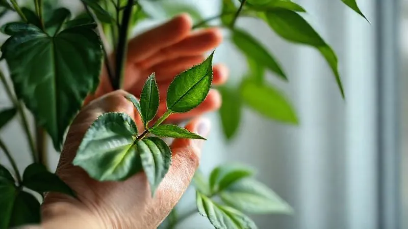 Photorealistic, professional photography, 8K, cinematic lighting, sharp focus, depth of field, shot on a high-end DSLR. A person's hand gently examining the leaves of an indoor plant, looking for signs of distress or new growth. The background shows a soft, diffused light, emphasizing the careful, attentive nature of plant care. The scene conveys a sense of connection and mindful observation.