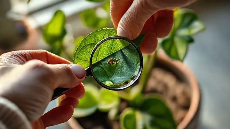 photorealistic, professional photography, 8K, cinematic lighting, sharp focus, depth of field shot on a high-end DSLR. A close-up of a hand carefully examining the underside of a leaf of an ornamental plant in a decorative pot, looking for signs of pests. A small magnifying glass is held nearby. The lighting is soft and natural, emphasizing the delicate details of the leaf and the meticulous care. Evokes vigilance and expert inspection. photorealistic, professional photography, 8K, cinematic lighting, sharp focus, depth of field shot on a high-end DSLR. A close-up of a hand carefully examining the underside of a leaf of an ornamental plant in a decorative pot, looking for signs of pests. A small magnifying glass is held nearby. The lighting is soft and natural, emphasizing the delicate details of the leaf and the meticulous care. Evokes vigilance and expert inspection.