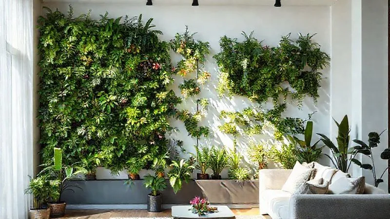 photorealistic, professional photography, 8K, cinematic lighting, sharp focus, depth of field shot on a high-end DSLR. A modern, minimalist living room with a vibrant, lush indoor vertical garden spanning a wall. Sunlight streams in, highlighting various healthy ornamental plants like ferns, philodendrons, and small flowering plants. A subtle, sleek self-watering system is visible. The scene evokes tranquility and sophisticated urban gardening. photorealistic, professional photography, 8K, cinematic lighting, sharp focus, depth of field shot on a high-end DSLR. A modern, minimalist living room with a vibrant, lush indoor vertical garden spanning a wall. Sunlight streams in, highlighting various healthy ornamental plants like ferns, philodendrons, and small flowering plants. A subtle, sleek self-watering system is visible. The scene evokes tranquility and sophisticated urban gardening.