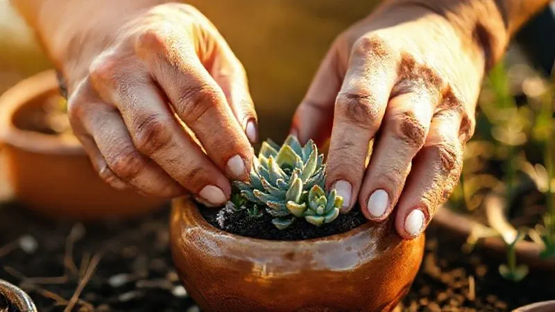 photorealistic, professional photography, 8K, cinematic lighting, sharp focus, depth of field shot on a high-end DSLR. A close-up of an experienced gardener's hands, gently tending to a miniature succulent garden in a unique ceramic planter. The hands are slightly weathered, showing years of work, but move with delicate precision and passion. Sunlight illuminates the scene, creating a warm, inviting atmosphere. Evokes wisdom, dedication, and the joy of gardening. photorealistic, professional photography, 8K, cinematic lighting, sharp focus, depth of field shot on a high-end DSLR. A close-up of an experienced gardener's hands, gently tending to a miniature succulent garden in a unique ceramic planter. The hands are slightly weathered, showing years of work, but move with delicate precision and passion. Sunlight illuminates the scene, creating a warm, inviting atmosphere. Evokes wisdom, dedication, and the joy of gardening.
