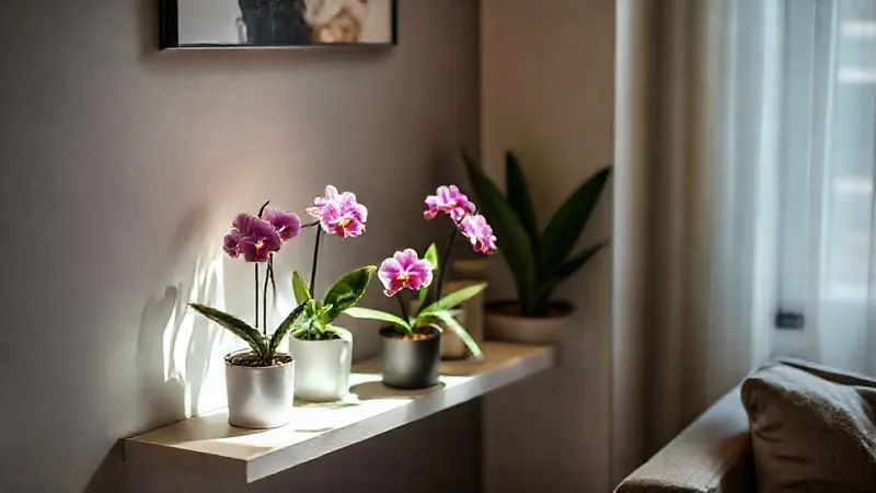 A photorealistic, professional photography shot of a small, cozy apartment living room with a dedicated corner for orchids. A few vibrant orchids are arranged on a minimalist shelf, with soft, indirect light illuminating them. A subtle mist can be seen around the plants, suggesting optimal humidity. The scene evokes a sense of calm and successful urban gardening. 8K, cinematic lighting, sharp focus on the orchids, depth of field blurring the background, shot on a high-end DSLR. A photorealistic, professional photography shot of a small, cozy apartment living room with a dedicated corner for orchids. A few vibrant orchids are arranged on a minimalist shelf, with soft, indirect light illuminating them. A subtle mist can be seen around the plants, suggesting optimal humidity. The scene evokes a sense of calm and successful urban gardening. 8K, cinematic lighting, sharp focus on the orchids, depth of field blurring the background, shot on a high-end DSLR.