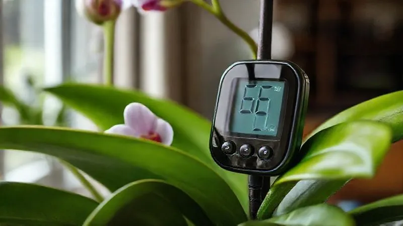 A photorealistic close-up of a digital thermo-hygrometer displaying readings of 65% humidity and 24°C temperature, placed discreetly among the lush green leaves of a thriving orchid. The background is a softly blurred modern apartment setting, emphasizing precision and care in indoor gardening. Professional photography, 8K, cinematic lighting, sharp focus on the device and orchid, depth of field, shot on a high-end DSLR. A photorealistic close-up of a digital thermo-hygrometer displaying readings of 65% humidity and 24°C temperature, placed discreetly among the lush green leaves of a thriving orchid. The background is a softly blurred modern apartment setting, emphasizing precision and care in indoor gardening. Professional photography, 8K, cinematic lighting, sharp focus on the device and orchid, depth of field, shot on a high-end DSLR.
