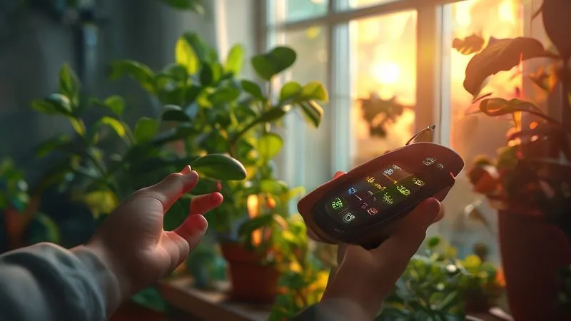 A photorealistic image of a hand holding a digital lux meter measuring light intensity on a vibrant indoor herb plant, with soft, diffused light coming from a window. Cinematic lighting, 8K, sharp focus on the meter and plant, depth of field blurring the background of a cozy room. A photorealistic image of a hand holding a digital lux meter measuring light intensity on a vibrant indoor herb plant, with soft, diffused light coming from a window. Cinematic lighting, 8K, sharp focus on the meter and plant, depth of field blurring the background of a cozy room.