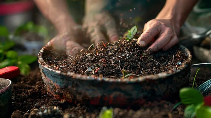 A photorealistic close-up of rich, dark potting soil being mixed with compost and vermicompost, with hands gently turning the mixture. Cinematic lighting highlights the textures, 8K, sharp focus, depth of field blurring the background of gardening tools. A photorealistic close-up of rich, dark potting soil being mixed with compost and vermicompost, with hands gently turning the mixture. Cinematic lighting highlights the textures, 8K, sharp focus, depth of field blurring the background of gardening tools.