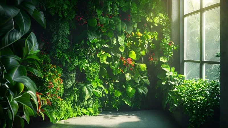 A photorealistic image of a vibrant vertical indoor garden wall, with various herbs and leafy greens thriving in a compact space, receiving soft, diffused light from a nearby window. Cinematic lighting, 8K, sharp focus, depth of field. A photorealistic image of a vibrant vertical indoor garden wall, with various herbs and leafy greens thriving in a compact space, receiving soft, diffused light from a nearby window. Cinematic lighting, 8K, sharp focus, depth of field.