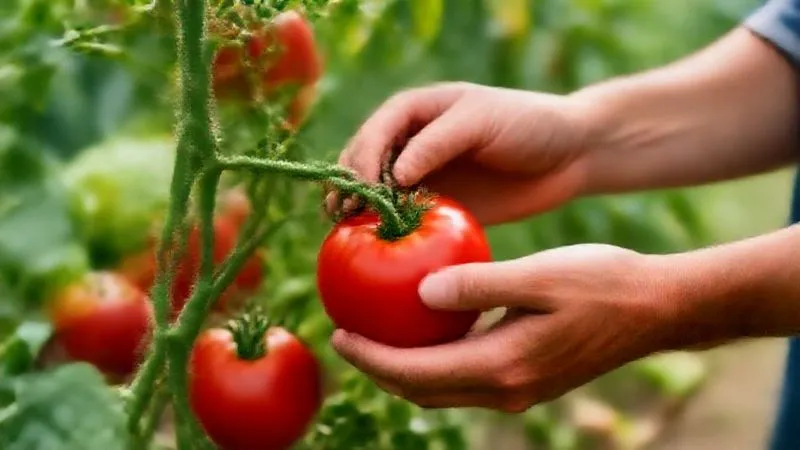 A photorealistic image of a gardener's hands gently harvesting a vibrant red tomato from a vine, with other ripe vegetables blurred in the background. The hands are clean and show slight soil residue, conveying care and connection to the plant. Cinematic lighting, sharp focus on the tomato and hands, 8K hyper-detailed, professional photography. A photorealistic image of a gardener's hands gently harvesting a vibrant red tomato from a vine, with other ripe vegetables blurred in the background. The hands are clean and show slight soil residue, conveying care and connection to the plant. Cinematic lighting, sharp focus on the tomato and hands, 8K hyper-detailed, professional photography.