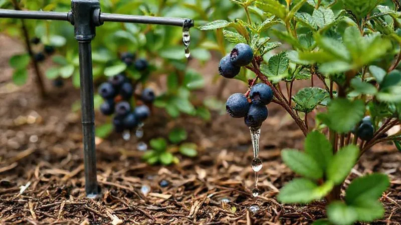 A photorealistic, professional photography shot of a small fruit garden featuring a drip irrigation system gently watering blueberry bushes. The ground is covered with mulch, and the focus is on the precise delivery of water to the plant bases. Cinematic lighting, sharp focus on the water droplets, depth of field blurring the background. 8K hyper-detailed, shot on a high-end DSLR, conveying efficiency and vitality. A photorealistic, professional photography shot of a small fruit garden featuring a drip irrigation system gently watering blueberry bushes. The ground is covered with mulch, and the focus is on the precise delivery of water to the plant bases. Cinematic lighting, sharp focus on the water droplets, depth of field blurring the background. 8K hyper-detailed, shot on a high-end DSLR, conveying efficiency and vitality.