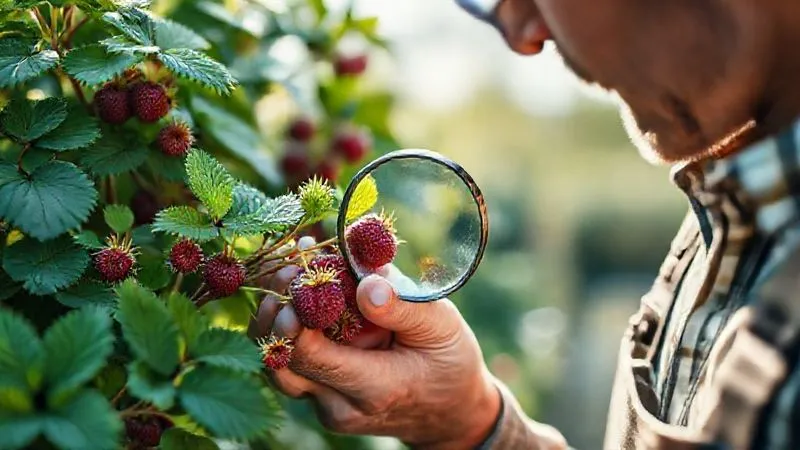 A photorealistic, professional photography shot of a gardener carefully inspecting a raspberry bush for signs of pests or disease, with a magnifying glass in hand. The plant is healthy and vibrant, with soft morning light illuminating the scene. Sharp focus on the plant and gardener's hand, depth of field blurring the background. 8K hyper-detailed, cinematic lighting, shot on a high-end DSLR, conveying meticulous care. A photorealistic, professional photography shot of a gardener carefully inspecting a raspberry bush for signs of pests or disease, with a magnifying glass in hand. The plant is healthy and vibrant, with soft morning light illuminating the scene. Sharp focus on the plant and gardener's hand, depth of field blurring the background. 8K hyper-detailed, cinematic lighting, shot on a high-end DSLR, conveying meticulous care.