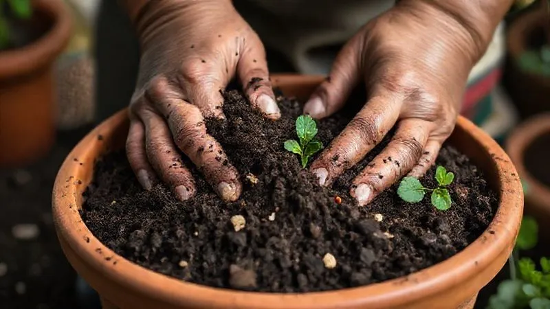 A photorealistic close-up image of a gardener's hands gently mixing rich, dark potting soil with organic compost and perlite in a terracotta pot. The soil looks healthy and well-aerated, with a small bag of granular fertilizer visible in the background, out of focus. Professional photography, 8K, cinematic lighting, sharp focus on the hands and soil, depth of field, shot on a high-end DSLR, conveying a sense of care and expertise. A photorealistic close-up image of a gardener's hands gently mixing rich, dark potting soil with organic compost and perlite in a terracotta pot. The soil looks healthy and well-aerated, with a small bag of granular fertilizer visible in the background, out of focus. Professional photography, 8K, cinematic lighting, sharp focus on the hands and soil, depth of field, shot on a high-end DSLR, conveying a sense of care and expertise.
