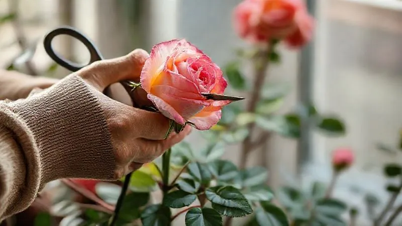 A photorealistic image of gardening shears carefully pruning a wilting rose bloom from an indoor rose bush, with soft, diffused light highlighting the action. The focus is on the skilled hands and the delicate rose. professional photography, 8K, cinematic lighting, sharp focus, depth of field, shot on a high-end DSLR. A photorealistic image of gardening shears carefully pruning a wilting rose bloom from an indoor rose bush, with soft, diffused light highlighting the action. The focus is on the skilled hands and the delicate rose. professional photography, 8K, cinematic lighting, sharp focus, depth of field, shot on a high-end DSLR.