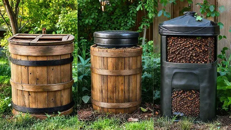 A photorealistic image showing three different home composting systems side-by-side: a traditional wooden compost bin, a modern rotating compost tumbler, and a compact worm farm (vermicomposter). Each system is shown in a natural outdoor setting, with lush greenery around them, illustrating diversity and adaptability for various living situations. professional photography, 8K, cinematic lighting, sharp focus, depth of field, shot on a high-end DSLR. A photorealistic image showing three different home composting systems side-by-side: a traditional wooden compost bin, a modern rotating compost tumbler, and a compact worm farm (vermicomposter). Each system is shown in a natural outdoor setting, with lush greenery around them, illustrating diversity and adaptability for various living situations. professional photography, 8K, cinematic lighting, sharp focus, depth of field, shot on a high-end DSLR.