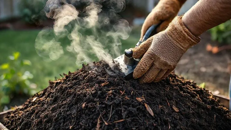 A photorealistic image of a person's hands wearing gardening gloves, actively turning a home compost pile with a specialized aeration tool. Steam is gently rising from the pile, indicating active decomposition. The background shows a neat backyard garden. professional photography, 8K, cinematic lighting, sharp focus, depth of field, shot on a high-end DSLR. A photorealistic image of a person's hands wearing gardening gloves, actively turning a home compost pile with a specialized aeration tool. Steam is gently rising from the pile, indicating active decomposition. The background shows a neat backyard garden. professional photography, 8K, cinematic lighting, sharp focus, depth of field, shot on a high-end DSLR.