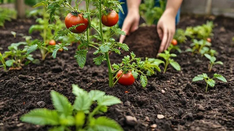 A photorealistic image showing a vibrant, healthy vegetable garden thriving with plants grown in compost-enriched soil. The soil itself is dark, rich, and crumbly. In the background, a person is gently spreading compost around the base of a tomato plant. The scene conveys health, abundance, and ecological harmony. professional photography, 8K, cinematic lighting, sharp focus, depth of field, shot on a high-end DSLR. A photorealistic image showing a vibrant, healthy vegetable garden thriving with plants grown in compost-enriched soil. The soil itself is dark, rich, and crumbly. In the background, a person is gently spreading compost around the base of a tomato plant. The scene conveys health, abundance, and ecological harmony. professional photography, 8K, cinematic lighting, sharp focus, depth of field, shot on a high-end DSLR.