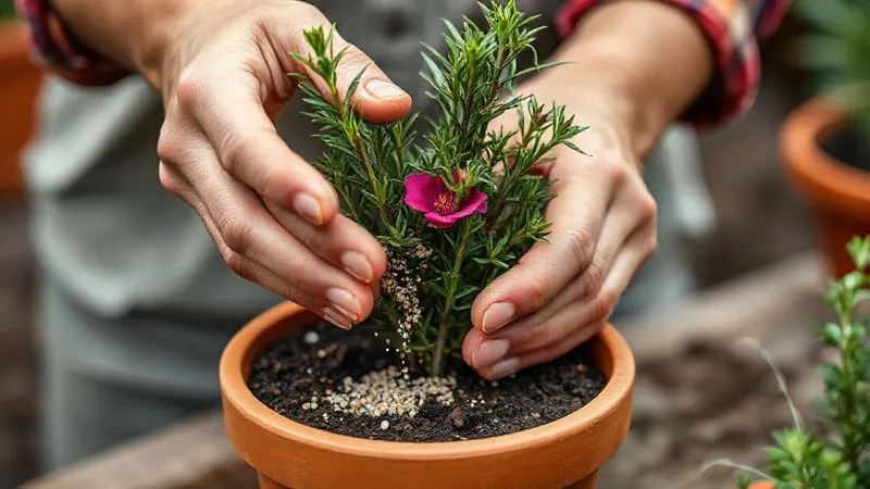A photorealistic close-up of a gardener's hands gently sprinkling organic granular fertilizer around the base of a vibrant rosemary plant in a small terracotta pot. The focus is sharp on the hands and the plant, with a shallow depth of field. Professional photography, 8K, cinematic lighting. A photorealistic close-up of a gardener's hands gently sprinkling organic granular fertilizer around the base of a vibrant rosemary plant in a small terracotta pot. The focus is sharp on the hands and the plant, with a shallow depth of field. Professional photography, 8K, cinematic lighting.