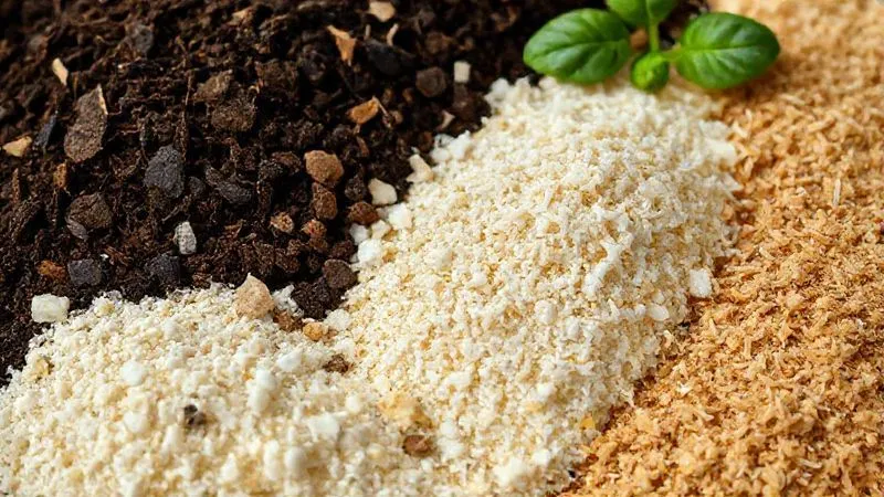 A close-up, photorealistic image showcasing various organic soil components for a vertical garden: rich dark compost, light perlite, fibrous coco coir, and fine vermiculite, neatly separated yet ready to be mixed in a large, clean container. Cinematic lighting highlights their distinct textures and colors, with a sharp focus on the details of each component. 8K, professional photography, shot on a high-end DSLR. A close-up, photorealistic image showcasing various organic soil components for a vertical garden: rich dark compost, light perlite, fibrous coco coir, and fine vermiculite, neatly separated yet ready to be mixed in a large, clean container. Cinematic lighting highlights their distinct textures and colors, with a sharp focus on the details of each component. 8K, professional photography, shot on a high-end DSLR.