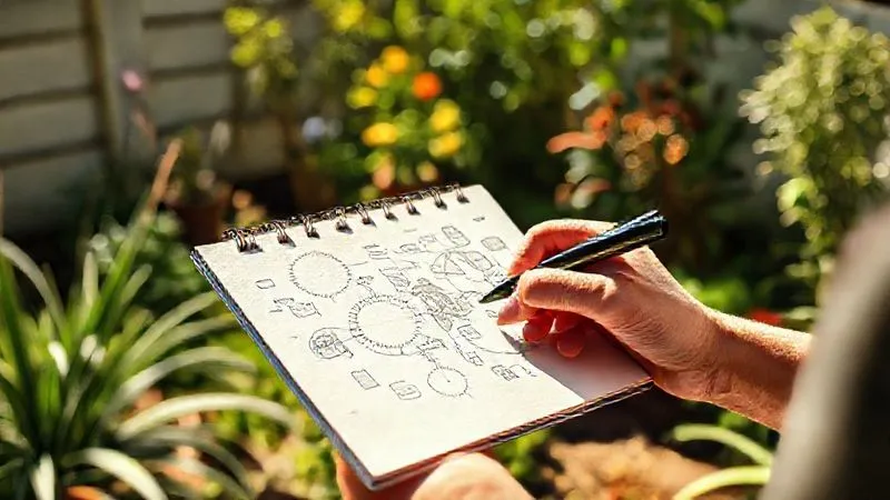 A photorealistic image of a gardener sketching a sun map of their small urban garden on a notepad. The garden has a mix of sun and shade areas, with the sun casting distinct patterns. Cinematic lighting, sharp focus on the notepad and hand, depth of field blurring the background garden elements. Professional photography, 8K, shot on a high-end DSLR. A photorealistic image of a gardener sketching a sun map of their small urban garden on a notepad. The garden has a mix of sun and shade areas, with the sun casting distinct patterns. Cinematic lighting, sharp focus on the notepad and hand, depth of field blurring the background garden elements. Professional photography, 8K, shot on a high-end DSLR.