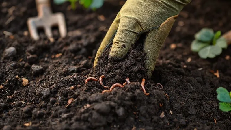 A photorealistic image of rich, dark, healthy garden soil being turned by a hand wearing a gardening glove. Visible are small pieces of organic matter like compost and earthworms. The soil is slightly damp, with cinematic lighting highlighting its texture and depth. Sharp focus on the soil and hand, depth of field blurring the background garden tools. Professional photography, 8K, shot on a high-end DSLR. A photorealistic image of rich, dark, healthy garden soil being turned by a hand wearing a gardening glove. Visible are small pieces of organic matter like compost and earthworms. The soil is slightly damp, with cinematic lighting highlighting its texture and depth. Sharp focus on the soil and hand, depth of field blurring the background garden tools. Professional photography, 8K, shot on a high-end DSLR.