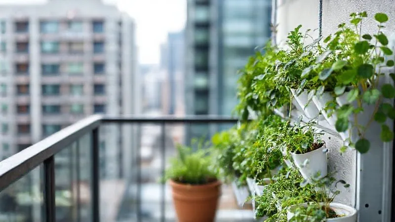 A photorealistic image of a sleek, modern vertical garden system on a small balcony, with various herbs and leafy greens thriving. A simple, automated drip irrigation system is visible, with water gently flowing. Cinematic lighting, sharp focus on the plants and irrigation system, depth of field blurring the urban background. Professional photography, 8K, shot on a high-end DSLR. A photorealistic image of a sleek, modern vertical garden system on a small balcony, with various herbs and leafy greens thriving. A simple, automated drip irrigation system is visible, with water gently flowing. Cinematic lighting, sharp focus on the plants and irrigation system, depth of field blurring the urban background. Professional photography, 8K, shot on a high-end DSLR.