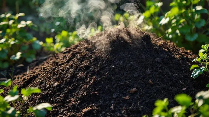 A photorealistic, professional photography, 8K, cinematic lighting, sharp focus, depth of field, shot on a high-end DSLR, showing a thriving compost pile with steam gently rising, rich dark soil visible, surrounded by healthy green garden plants, conveying a sense of natural fertility and ecological balance. A photorealistic, professional photography, 8K, cinematic lighting, sharp focus, depth of field, shot on a high-end DSLR, showing a thriving compost pile with steam gently rising, rich dark soil visible, surrounded by healthy green garden plants, conveying a sense of natural fertility and ecological balance.