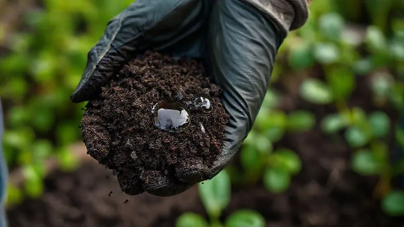 photorealistic, professional photography, 8K, cinematic lighting, sharp focus, depth of field, shot on a high-end DSLR. A gardener's gloved hands gently squeezing a handful of dark, rich, and slightly moist compost, with a few drops of water just starting to emerge between the fingers. The background shows a blurry, verdant garden. photorealistic, professional photography, 8K, cinematic lighting, sharp focus, depth of field, shot on a high-end DSLR. A gardener's gloved hands gently squeezing a handful of dark, rich, and slightly moist compost, with a few drops of water just starting to emerge between the fingers. The background shows a blurry, verdant garden.