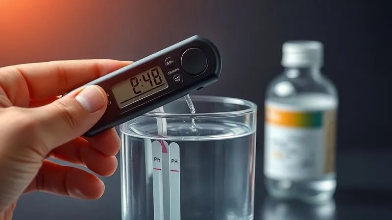 A close-up, photorealistic image of a hand holding a modern, calibrated digital pH meter dipping into a glass of water, with several pH test strips and a bottle of pH down solution in the blurred background. Cinematic lighting, sharp focus on the meter reading, depth of field. 8K, professional photography, shot on a high-end DSLR, conveying precision and scientific approach. A close-up, photorealistic image of a hand holding a modern, calibrated digital pH meter dipping into a glass of water, with several pH test strips and a bottle of pH down solution in the blurred background. Cinematic lighting, sharp focus on the meter reading, depth of field. 8K, professional photography, shot on a high-end DSLR, conveying precision and scientific approach.