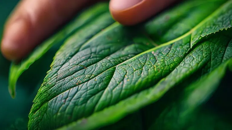 A photorealistic close-up of a vibrant green organic plant leaf showing subtle, early signs of pest damage, such as tiny chew marks or small discolored spots. The leaf is gently held by a hand, emphasizing careful inspection. Professional photography, 8K, cinematic lighting, sharp focus on the leaf damage, depth of field blurring the background, shot on a high-end DSLR, conveying vigilance and early detection.