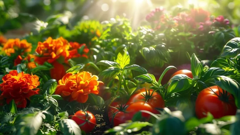 A photorealistic close-up of a vibrant organic garden bed, showcasing companion planting. Marigolds in bloom are interplanted with lush tomato plants and fragrant basil, all thriving together under soft, natural sunlight. Professional photography, 8K, cinematic lighting, sharp focus on the diverse foliage, depth of field blurring the background, shot on a high-end DSLR, conveying harmony and natural protection.