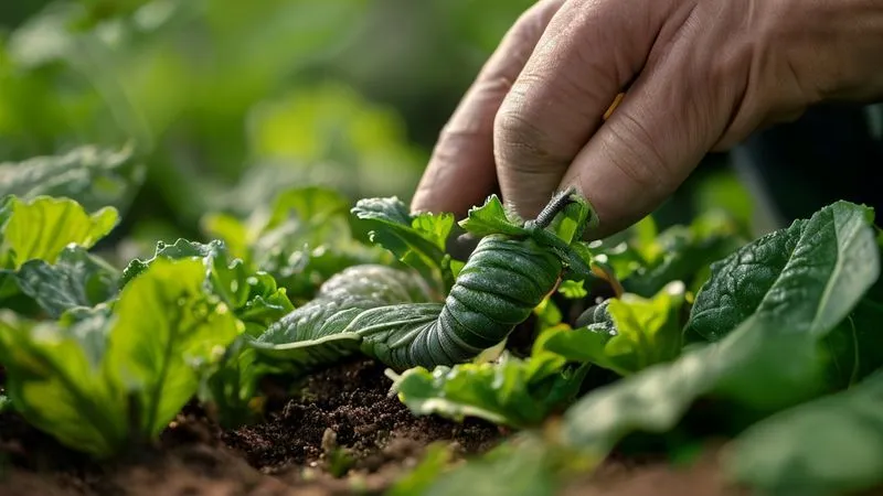 A photorealistic close-up of a gardener's gloved hand gently picking a small slug or caterpillar from an organic vegetable plant leaf. The focus is on the careful, precise removal, with the vibrant green foliage and healthy soil visible in the background. Professional photography, 8K, cinematic lighting, sharp focus on the hand and pest, depth of field blurring the background, shot on a high-end DSLR, conveying manual, non-toxic pest control.