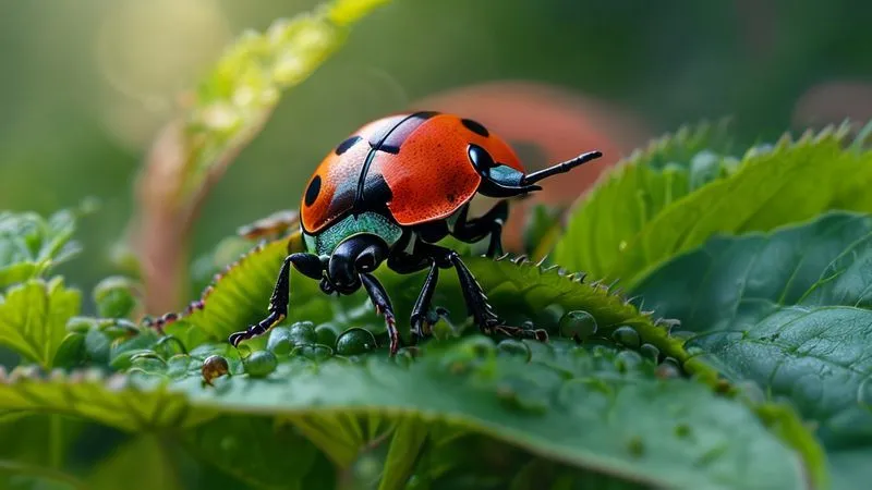 A photorealistic close-up of a vibrant ladybug (joaninha) diligently preying on a cluster of tiny green aphids on a lush, healthy organic plant leaf. The scene is bathed in soft, natural light, highlighting the intricate details of the insects and the leaf. Professional photography, 8K, cinematic lighting, sharp focus on the ladybug and aphids, depth of field blurring the background, shot on a high-end DSLR, conveying natural pest control and ecological balance.