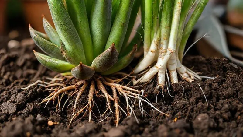 A close-up, photorealistic professional photography shot of a succulent's roots struggling in overly dense, slightly damp soil, contrasting with healthy, white roots emerging from well-draining soil. Cinematic lighting, sharp focus on the root systems, depth of field blurring a background of gardening tools, 8K hyper-detailed, shot on a high-end DSLR. A close-up, photorealistic professional photography shot of a succulent's roots struggling in overly dense, slightly damp soil, contrasting with healthy, white roots emerging from well-draining soil. Cinematic lighting, sharp focus on the root systems, depth of field blurring a background of gardening tools, 8K hyper-detailed, shot on a high-end DSLR.