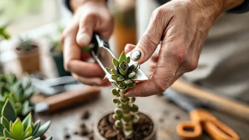 A photorealistic close-up, professional photography shot of a gardener's hands carefully pruning a succulent stem with sterilized shears, showing the clean cut of healthy tissue contrasting with a small dark section of rot. Soft, natural light, sharp focus on the hands and plant, depth of field blurring a workbench with gardening tools, 8K hyper-detailed, shot on a high-end DSLR. A photorealistic close-up, professional photography shot of a gardener's hands carefully pruning a succulent stem with sterilized shears, showing the clean cut of healthy tissue contrasting with a small dark section of rot. Soft, natural light, sharp focus on the hands and plant, depth of field blurring a workbench with gardening tools, 8K hyper-detailed, shot on a high-end DSLR.