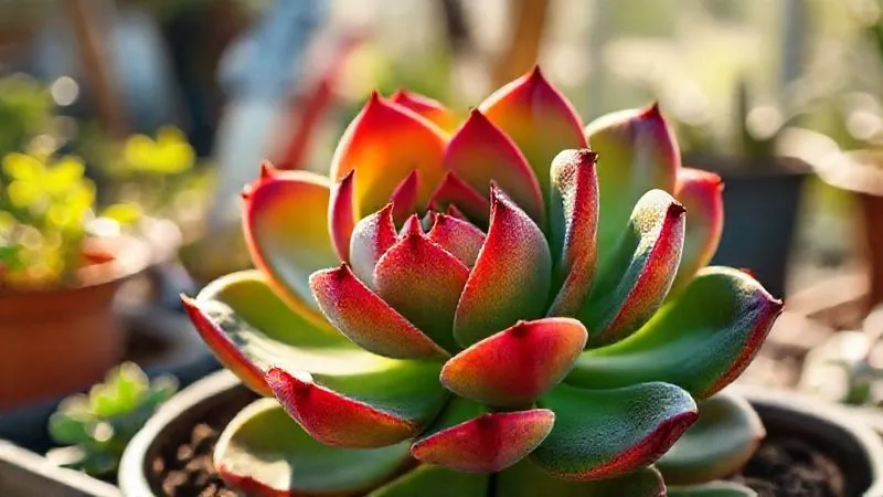 A photorealistic, professional photography shot of a thriving Echeveria 'Perle von Nürnberg' succulent, radiating vibrant colors and plump leaves, basking in soft, natural sunlight. In the background, a subtle, out-of-focus hint of gardening tools and a healthy garden environment. Sharp focus on the succulent, depth of field creating a serene atmosphere, 8K hyper-detailed, shot on a high-end DSLR. A photorealistic, professional photography shot of a thriving Echeveria 'Perle von Nürnberg' succulent, radiating vibrant colors and plump leaves, basking in soft, natural sunlight. In the background, a subtle, out-of-focus hint of gardening tools and a healthy garden environment. Sharp focus on the succulent, depth of field creating a serene atmosphere, 8K hyper-detailed, shot on a high-end DSLR.