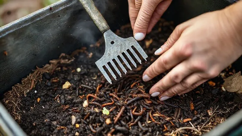 A photorealistic, professional photography, 8K, cinematic lighting, sharp focus, depth of field, shot on a high-end DSLR, of a gardener's hands gently aerating a vermicompost bin with a small hand rake, revealing healthy, dark earth and active worms. The bin is well-structured, with visible layers of bedding and food scraps, and a light mist of moisture in the air. The scene emphasizes care and attention to the composting process. A photorealistic, professional photography, 8K, cinematic lighting, sharp focus, depth of field, shot on a high-end DSLR, of a gardener's hands gently aerating a vermicompost bin with a small hand rake, revealing healthy, dark earth and active worms. The bin is well-structured, with visible layers of bedding and food scraps, and a light mist of moisture in the air. The scene emphasizes care and attention to the composting process.