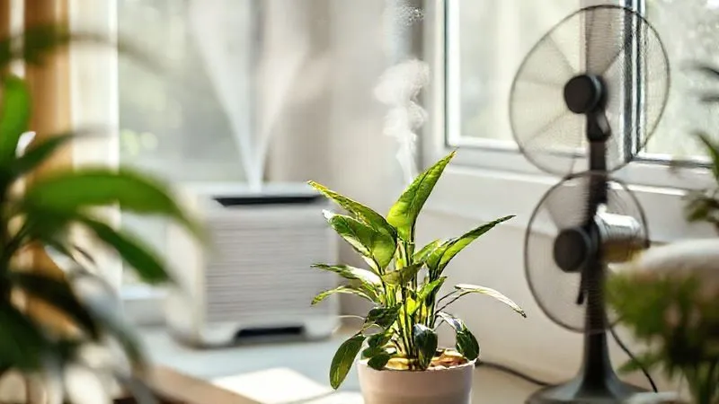 A photorealistic, professional photography image of a small, recovering tropical plant placed in a serene indoor corner. Soft, indirect light streams through a window, illuminating the plant. A humidifier gently mists in the background, and a small fan circulates air subtly. Sharp focus on the plant, depth of field blurring the cozy, protected environment. 8K, cinematic lighting, shot on a high-end DSLR, conveying a sense of calm and care. A photorealistic, professional photography image of a small, recovering tropical plant placed in a serene indoor corner. Soft, indirect light streams through a window, illuminating the plant. A humidifier gently mists in the background, and a small fan circulates air subtly. Sharp focus on the plant, depth of field blurring the cozy, protected environment. 8K, cinematic lighting, shot on a high-end DSLR, conveying a sense of calm and care.