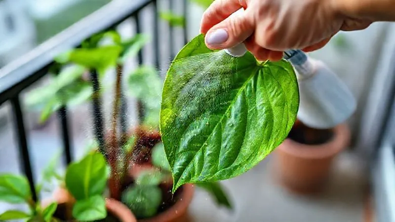 A photorealistic professional photography shot of a person's hands gently spraying water from a fine mist sprayer onto the underside of a lush green potted plant leaf on a balcony, aiming to dislodge tiny pests. The water droplets are visible, and the leaf looks refreshed. Cinematic lighting, sharp focus on the hands and leaf, depth of field blurring the balcony background, 8K hyper-detailed, shot on a high-end DSLR. A photorealistic professional photography shot of a person's hands gently spraying water from a fine mist sprayer onto the underside of a lush green potted plant leaf on a balcony, aiming to dislodge tiny pests. The water droplets are visible, and the leaf looks refreshed. Cinematic lighting, sharp focus on the hands and leaf, depth of field blurring the balcony background, 8K hyper-detailed, shot on a high-end DSLR.