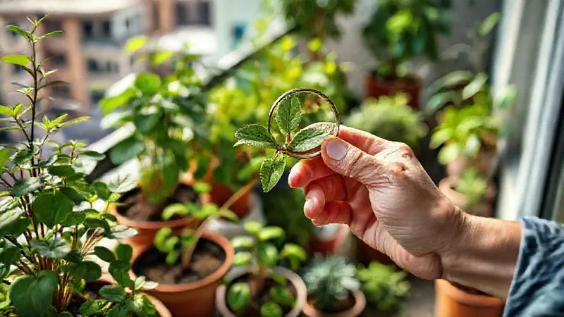 A photorealistic professional photography shot of a lush, healthy balcony garden, with various potted plants thriving. A person's hand is gently inspecting a leaf with a small magnifying glass, symbolizing careful monitoring and prevention. Cinematic lighting, sharp focus on the hand and plant, depth of field blurring the urban background, 8K hyper-detailed, shot on a high-end DSLR. A photorealistic professional photography shot of a lush, healthy balcony garden, with various potted plants thriving. A person's hand is gently inspecting a leaf with a small magnifying glass, symbolizing careful monitoring and prevention. Cinematic lighting, sharp focus on the hand and plant, depth of field blurring the urban background, 8K hyper-detailed, shot on a high-end DSLR.