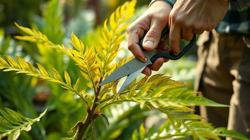 A photorealistic image of a gardener carefully pruning yellowing leaves from a delicate tropical plant with sterilized shears. The focus is on the action, with soft natural light illuminating the scene. Sharp focus on the hands and plant, depth of field blurring the garden background. Shot on a high-end DSLR, 8K hyper-detailed. A photorealistic image of a gardener carefully pruning yellowing leaves from a delicate tropical plant with sterilized shears. The focus is on the action, with soft natural light illuminating the scene. Sharp focus on the hands and plant, depth of field blurring the garden background. Shot on a high-end DSLR, 8K hyper-detailed.