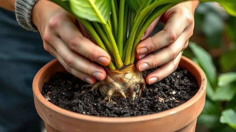 A photorealistic, professional photography image of healthy, vibrant roots of a tropical plant being carefully placed into a new pot filled with rich, well-draining soil. The gardener's hands are gentle and precise. Soft, natural light, sharp focus on the roots and soil. Shot on a high-end DSLR, 8K hyper-detailed. A photorealistic, professional photography image of healthy, vibrant roots of a tropical plant being carefully placed into a new pot filled with rich, well-draining soil. The gardener's hands are gentle and precise. Soft, natural light, sharp focus on the roots and soil. Shot on a high-end DSLR, 8K hyper-detailed.