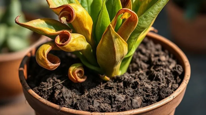 A close-up, photorealistic image of a severely wilting ornamental plant, leaves curled, discolored to a brownish-yellow, and visibly brittle. The soil in the pot is extremely dry and cracked around the base, pulling away from the pot's edge. The lighting is harsh, emphasizing the plant's distress. 8K, sharp focus on the wilting plant and dry soil, depth of field blurring the background, shot on a high-end DSLR. A close-up, photorealistic image of a severely wilting ornamental plant, leaves curled, discolored to a brownish-yellow, and visibly brittle. The soil in the pot is extremely dry and cracked around the base, pulling away from the pot's edge. The lighting is harsh, emphasizing the plant's distress. 8K, sharp focus on the wilting plant and dry soil, depth of field blurring the background, shot on a high-end DSLR.