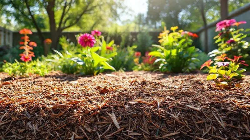 A photorealistic image showing a healthy garden bed with a thick layer of organic mulch (such as bark chips and straw) neatly spread around the base of vibrant ornamental plants, demonstrating effective moisture retention. Sunlight filters through the overhead canopy, creating beautiful dappled light on the mulch and foliage. 8K, professional photography, sharp focus on the mulch layer, depth of field blurring the background, shot on a high-end DSLR. A photorealistic image showing a healthy garden bed with a thick layer of organic mulch (such as bark chips and straw) neatly spread around the base of vibrant ornamental plants, demonstrating effective moisture retention. Sunlight filters through the overhead canopy, creating beautiful dappled light on the mulch and foliage. 8K, professional photography, sharp focus on the mulch layer, depth of field blurring the background, shot on a high-end DSLR.