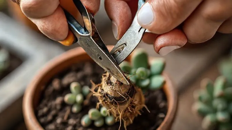 A photorealistic close-up of a gardener's hand carefully using sterilized small pruning shears to trim a rotted root from a succulent plant, still partially in its pot. The focus is on the delicate, precise cut. Cinematic lighting, sharp focus, 8K, professional photography, shot on a high-end DSLR. A photorealistic close-up of a gardener's hand carefully using sterilized small pruning shears to trim a rotted root from a succulent plant, still partially in its pot. The focus is on the delicate, precise cut. Cinematic lighting, sharp focus, 8K, professional photography, shot on a high-end DSLR.